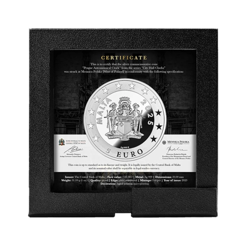 Malta: zilveren munt Praag Astronomische Klok 2025 Gepolijste plaat 1 ounce Verzamelmunten