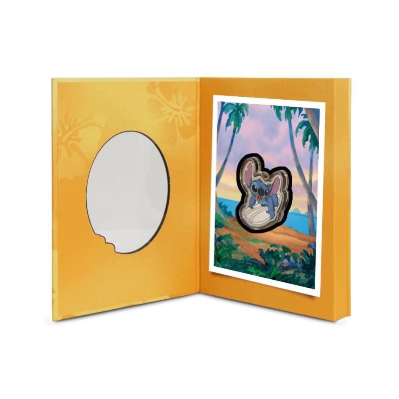 Niue: zilveren munt Stitch Surf's Up 2025 Gepolijste plaat ingekleurd 1 ounce Verzamelmunten