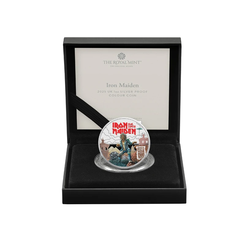UK: zilveren munt Iron Maiden 2025 Gepolijste plaat gekleurd 1 ounce Verzamelmunten