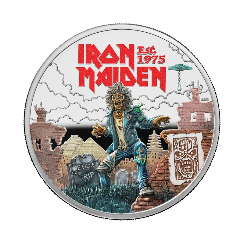 UK: zilveren munt Iron Maiden 2025 Gepolijste plaat gekleurd 1 ounce Verzamelmunten