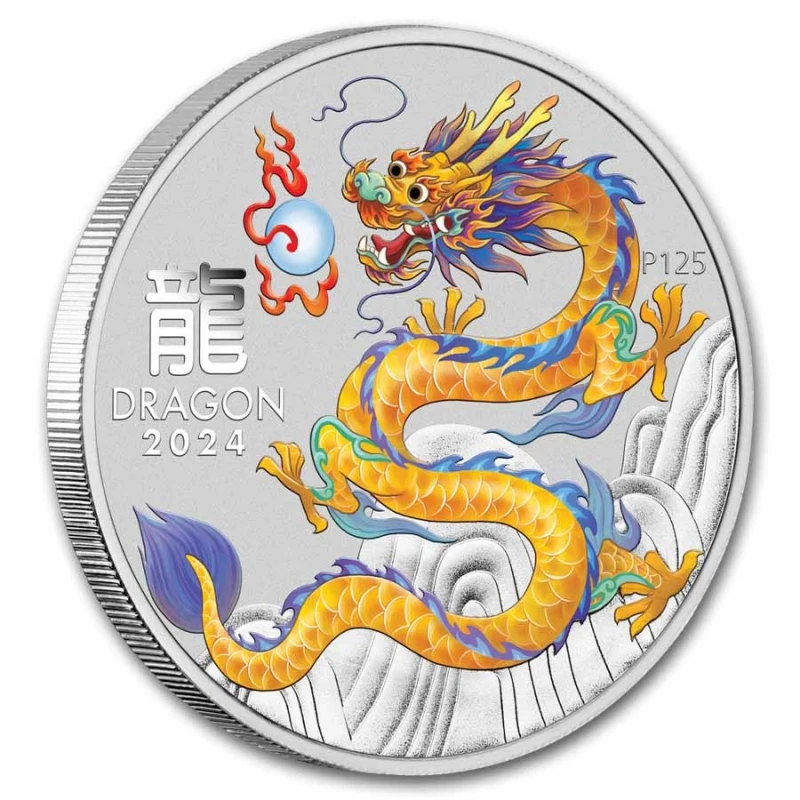 Australië: zilveren munt Jaar van de Draak 2024 geel 1 oz Beleggingsmunten