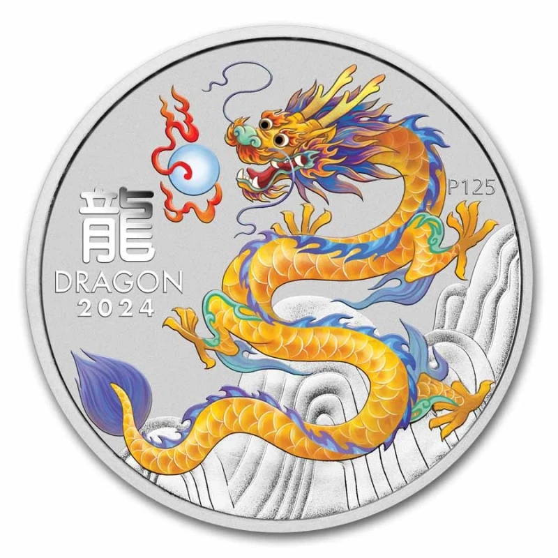 Australië: zilveren munt Jaar van de Draak 2024 geel 1 oz Beleggingsmunten