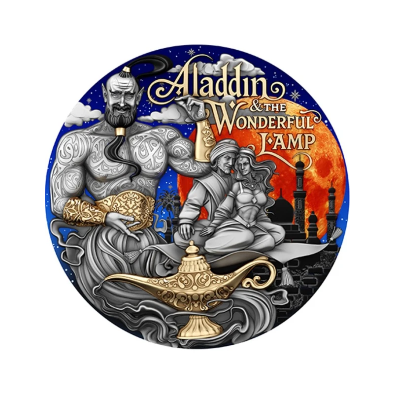 Niue: zilveren munt Aladdin en de wonderbaarlijke lamp 2025 verguld gekleurd 2 ounce Verzamelmunten