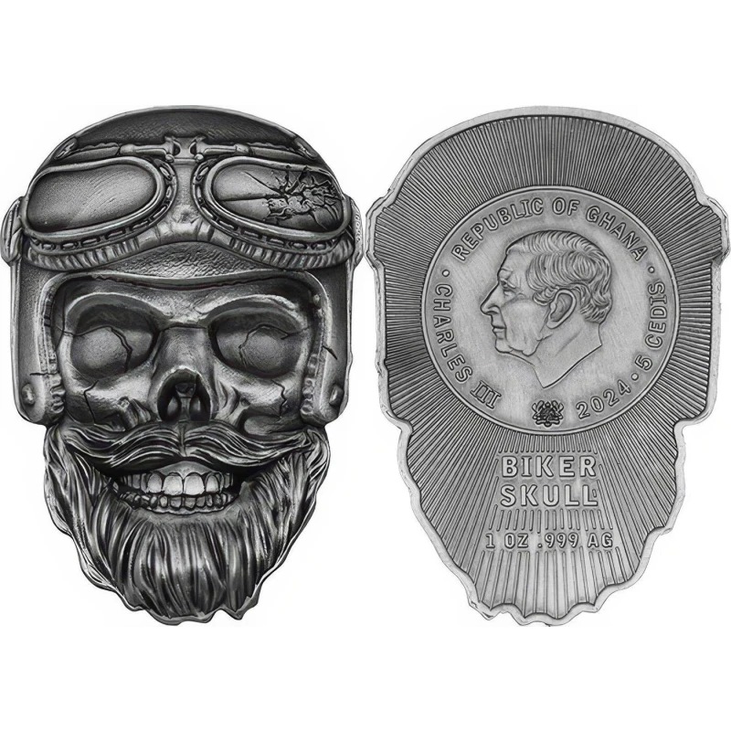 Ghana: zilveren munt Biker Skull 2024 1 ounce Verzamelmunten