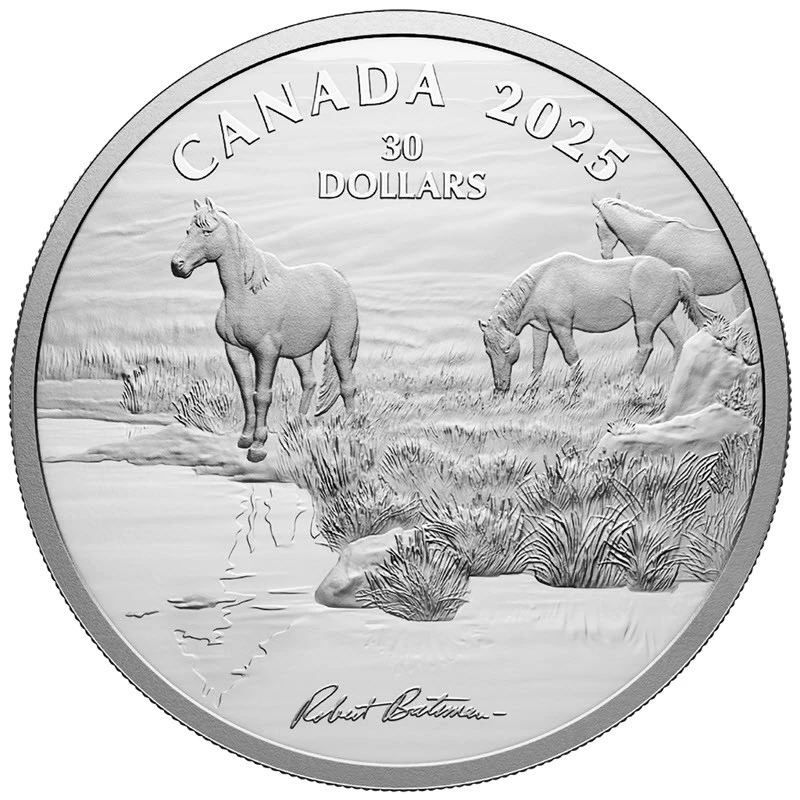 Canada: zilveren munt Mustang Land 2025 Gepolijste plaat 2 ounce Verzamelmunten