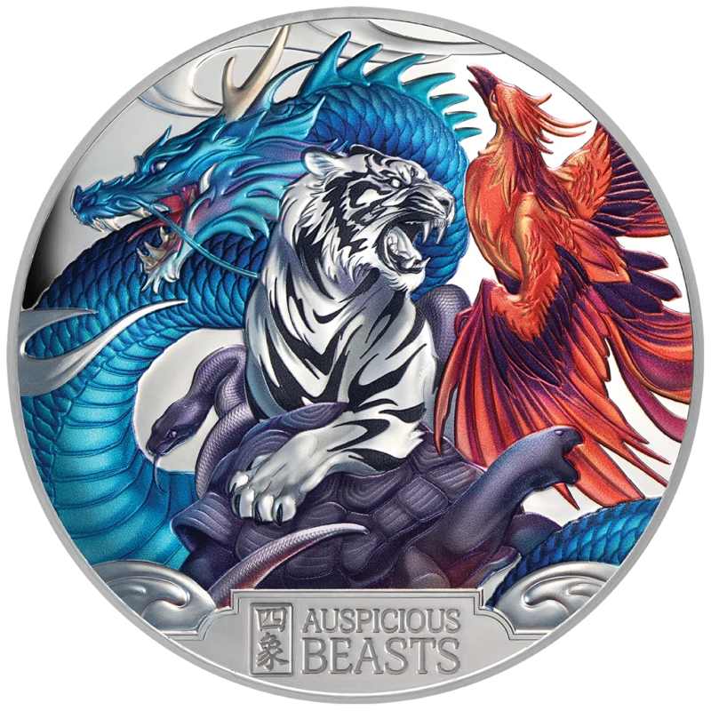 Niue: zilveren munt Auspicious Beasts 2025 Gepolijste plaat gekleurd 5 ounce Verzamelmunten