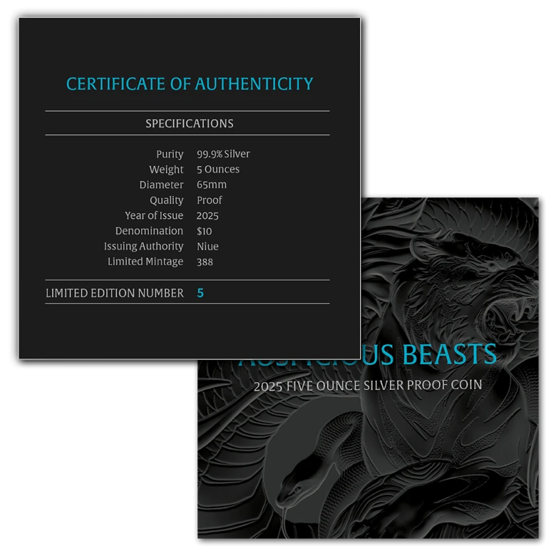Niue: zilveren munt Auspicious Beasts 2025 Gepolijste plaat gekleurd 5 ounce Verzamelmunten