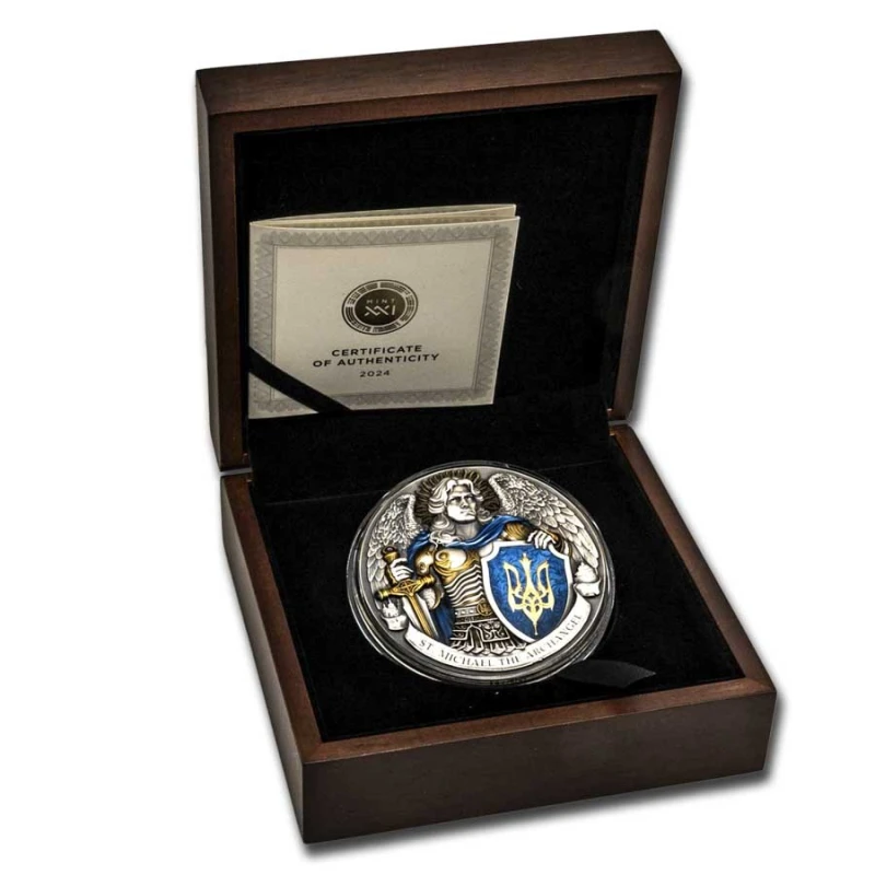 Niue: zilveren munt St. Michael de Aartsengel 2024 gekleurd 5 ounce Verzamelmunten