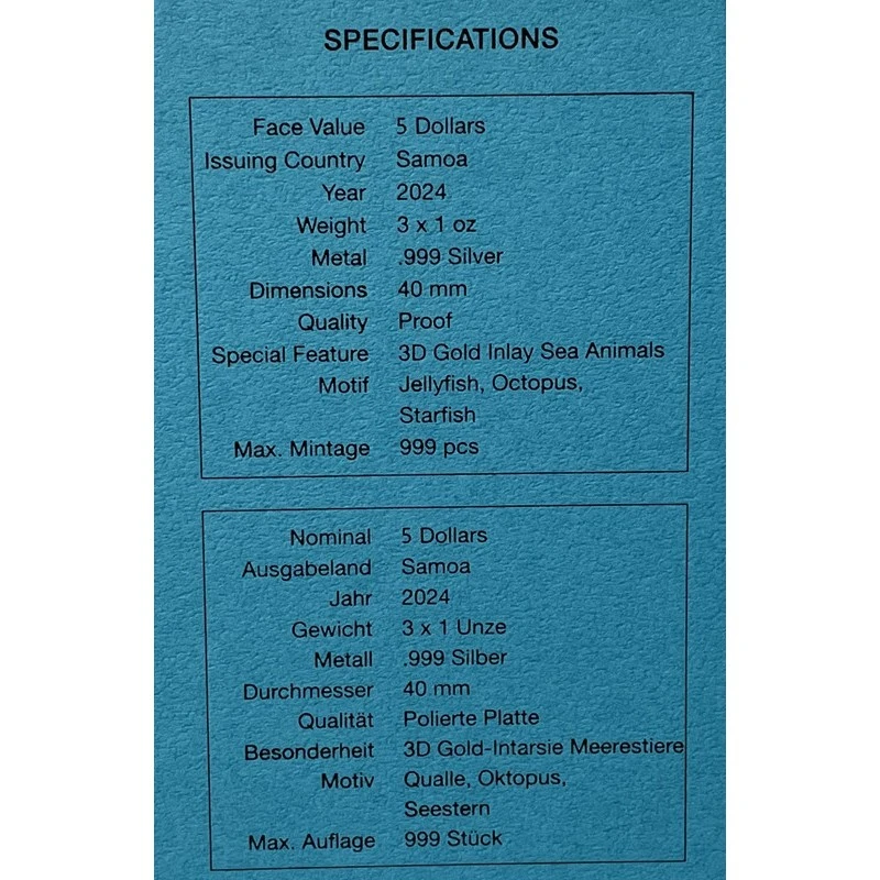Samoa: zilveren munten Gouden Zeedieren 2024 Gepolijste plaat verguld 3 ounce Verzamelmunten