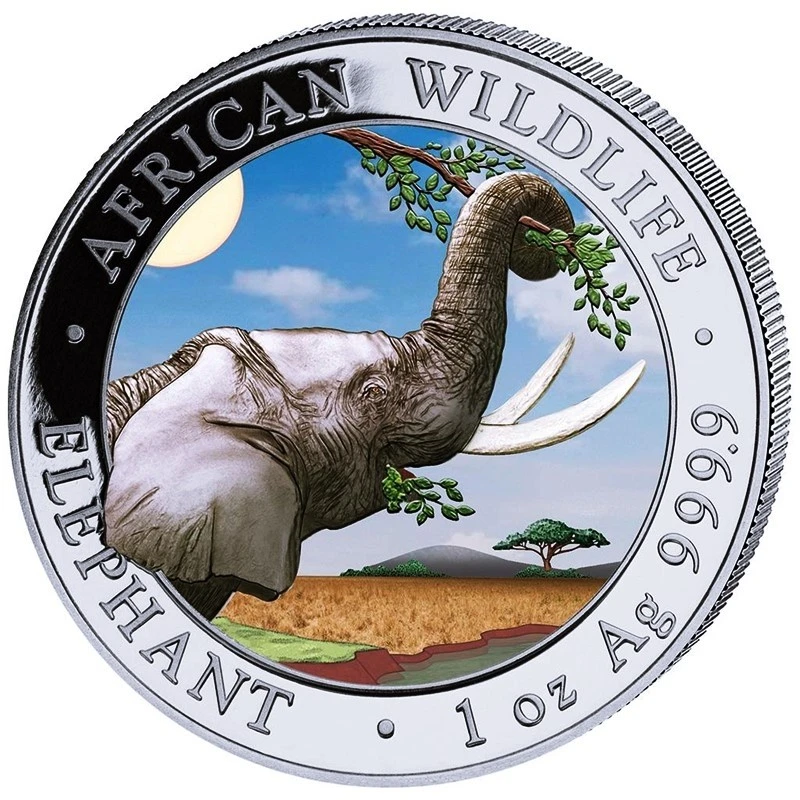 Somalië zilveren munt Afrikaanse wilde dieren Olifant 2023 Gekleurde dag ontwerp 1 ounce Verzamelmunten